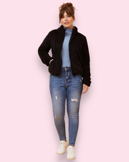 Teddy Fur Zip Jacket - Black