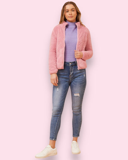 Teddy Fur Zip Jacket - Rose Pink