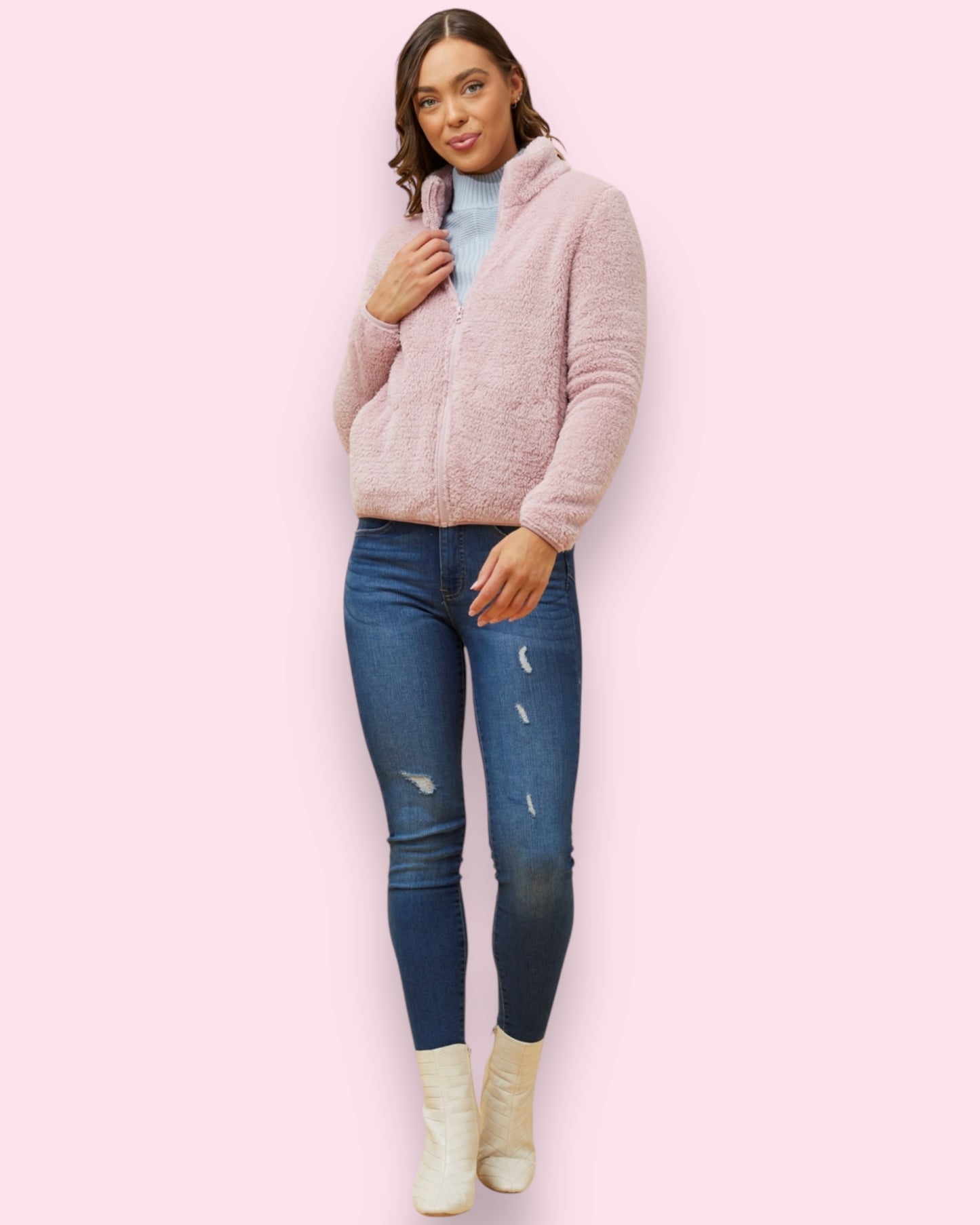 Teddy Fur Zip Jacket - Dusty Pink