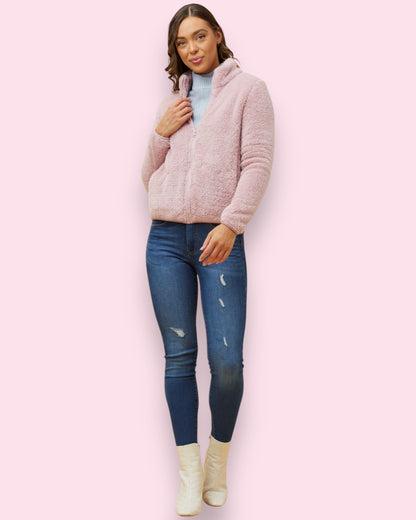 Teddy Fur Zip Jacket - Dusty Pink