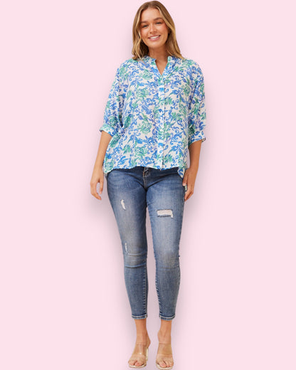 Mia Printed Shirt - Blue/Green Floral