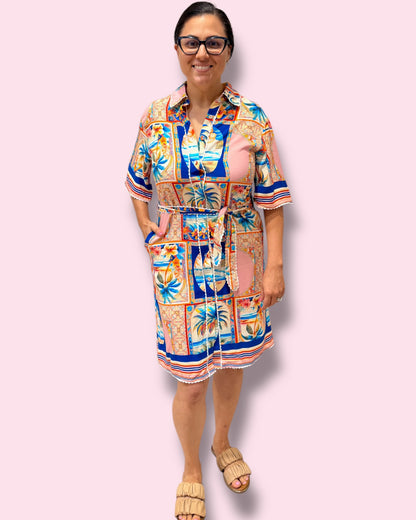 Julia Shirt Dress - Pink Tropical