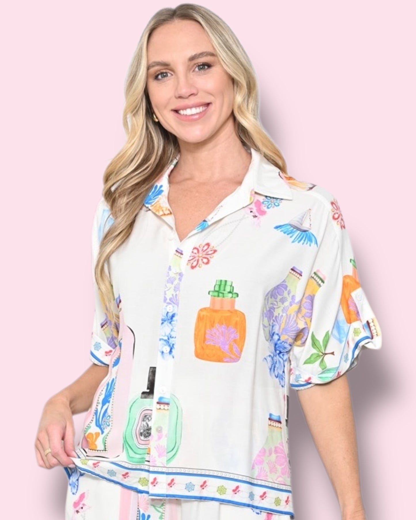 Charlene Printed Shirt - White Motif Print