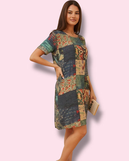Selena Shift Dress - Emerald Patchwork