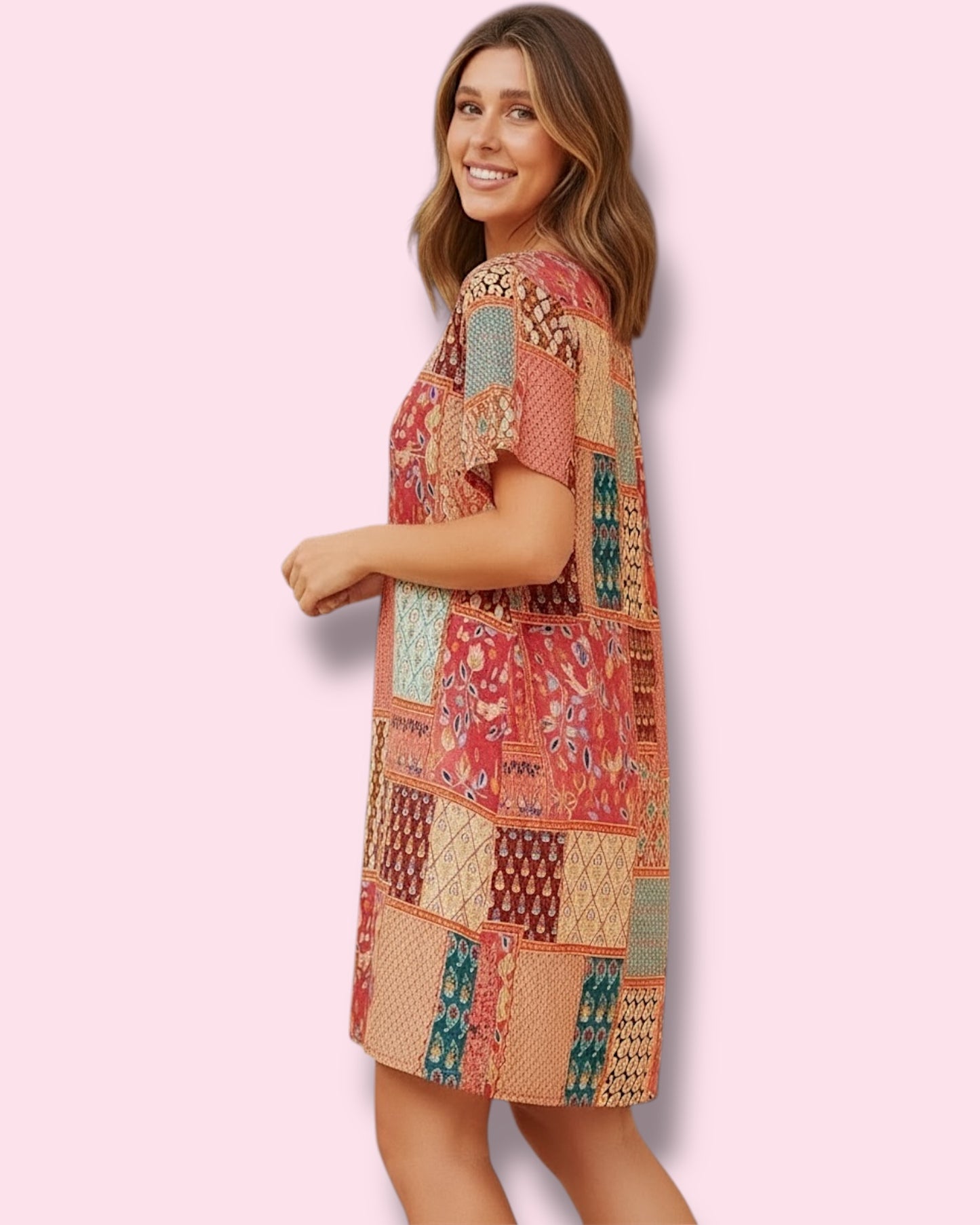 Selena Shift Dress - Red Patchwork