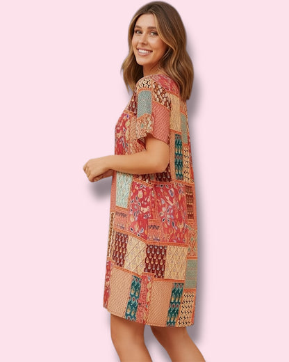Selena Shift Dress - Red Patchwork