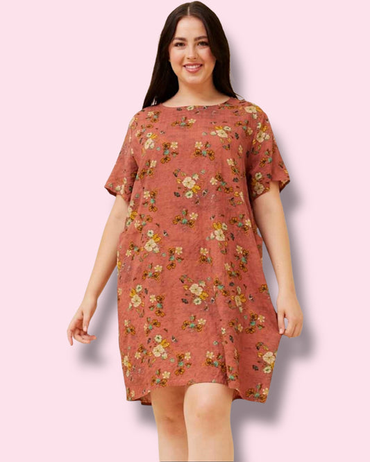 Selena Shift Dress - Coral W/Flowers