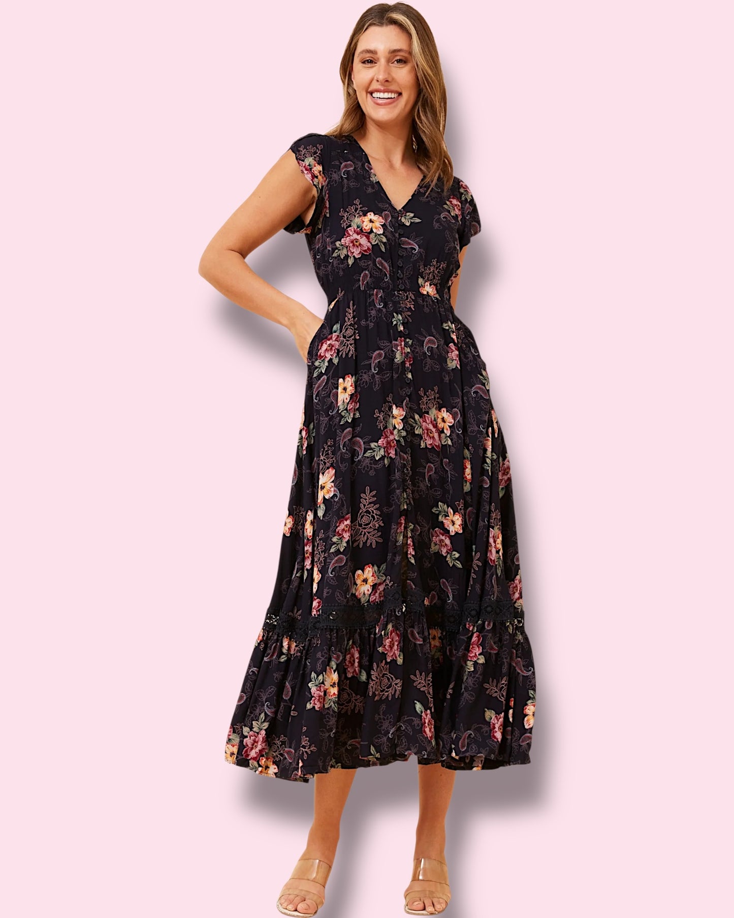 Cleo Maxi - Navy W/Flower