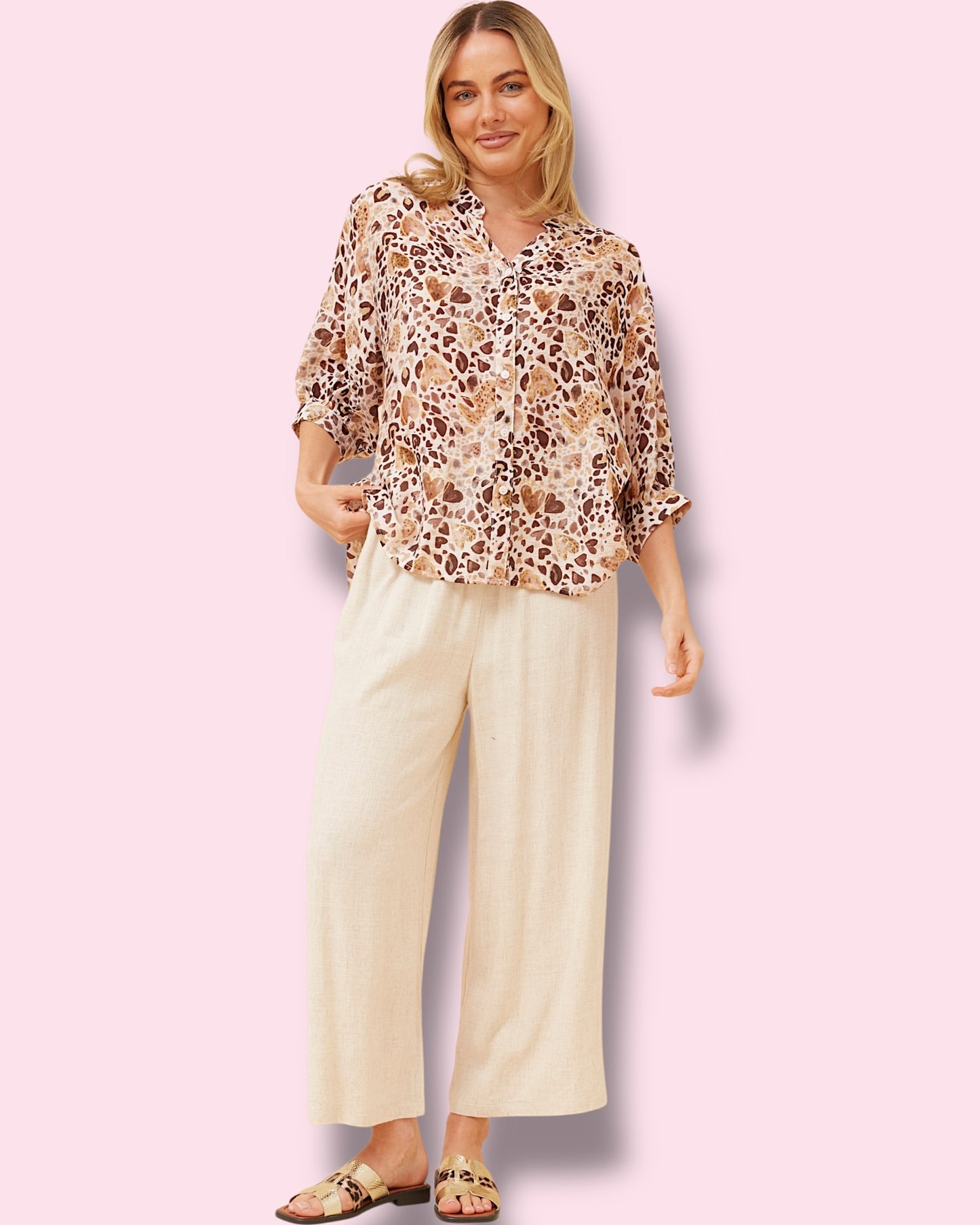 Mia Printed Shirt - Beige Hearts