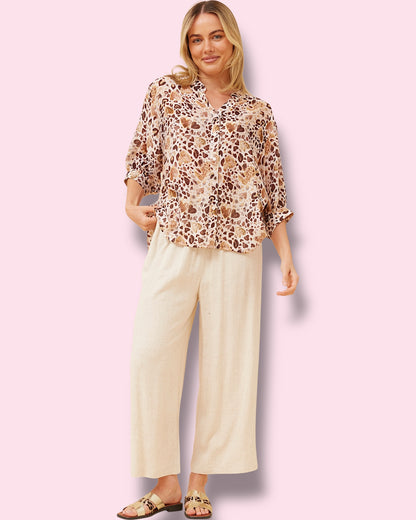 Mia Printed Shirt - Beige Hearts