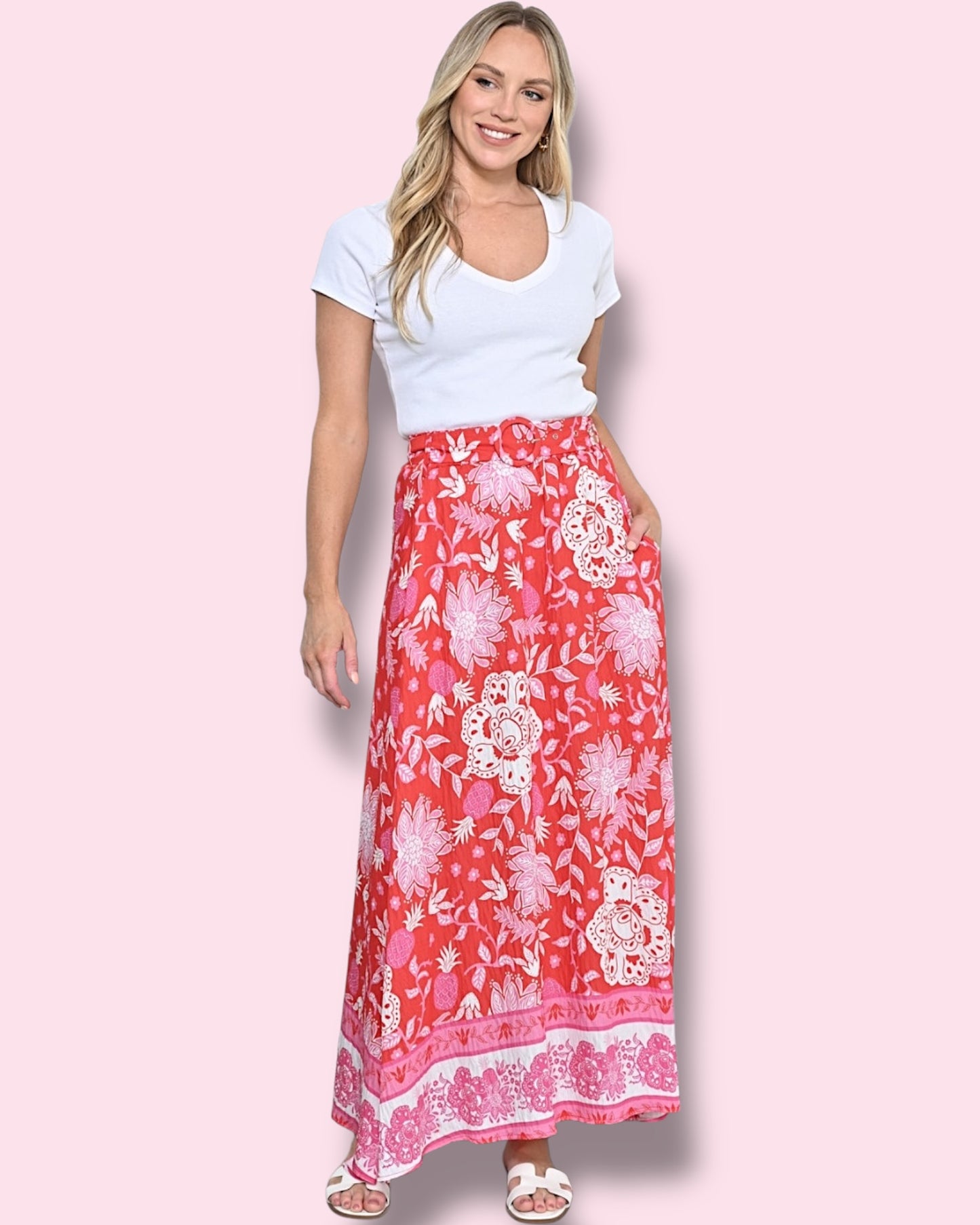 Evangeline Maxi Skirt - Red/Pink