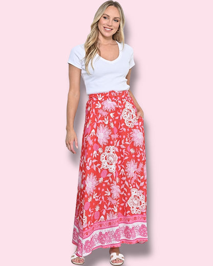 Evangeline Maxi Skirt - Red/Pink