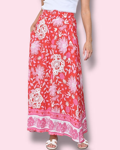 Evangeline Maxi Skirt - Red/Pink