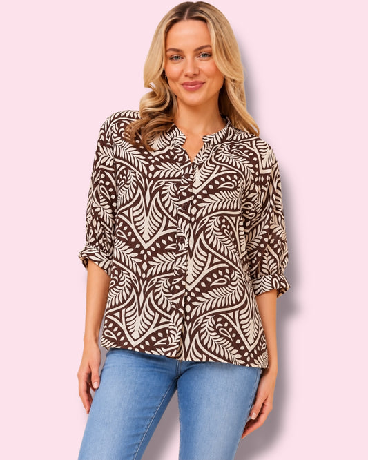 Mia Printed Shirt - Chocolate/White Bold