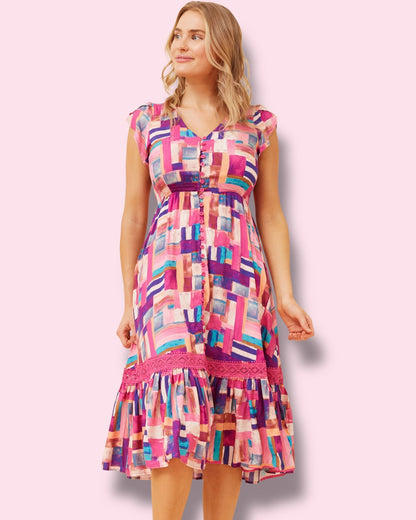 Clea Midi - Pink Abstract Brush Strokes