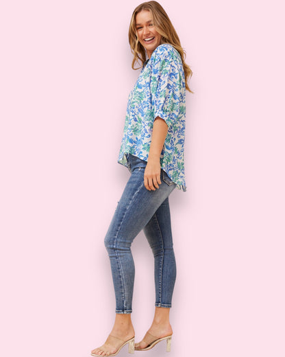 Mia Printed Shirt - Blue/Green Floral