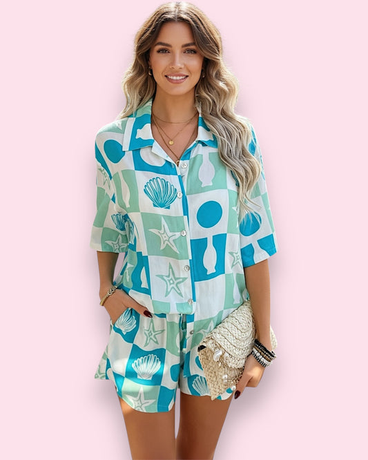 Odessa Button Up Shirt - Blue Seashells