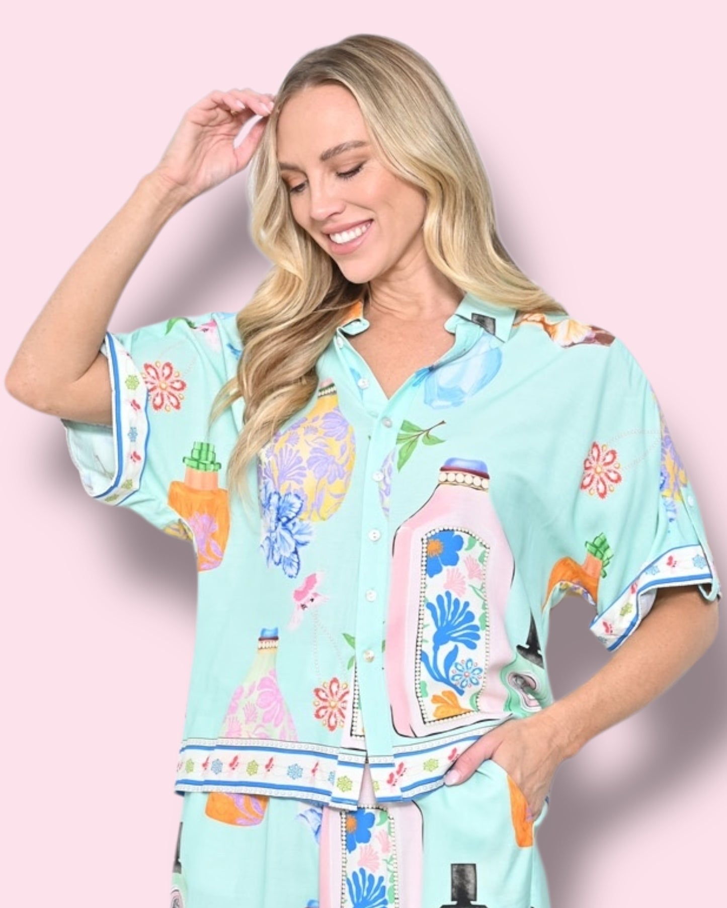 Charlene Printed Shirt - Aqua Motif Print
