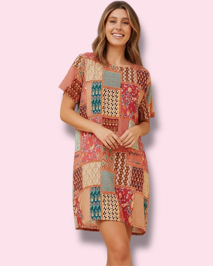 Selena Shift Dress - Red Patchwork