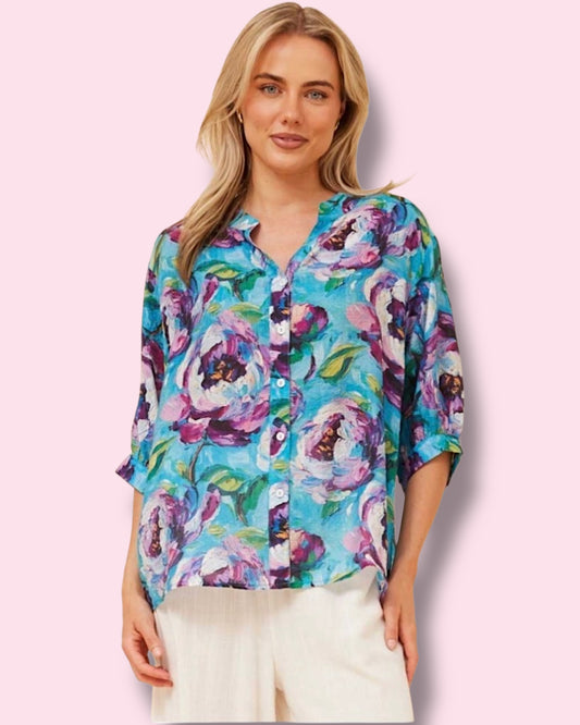 Mia Printed Shirt - Multi Blue Rose