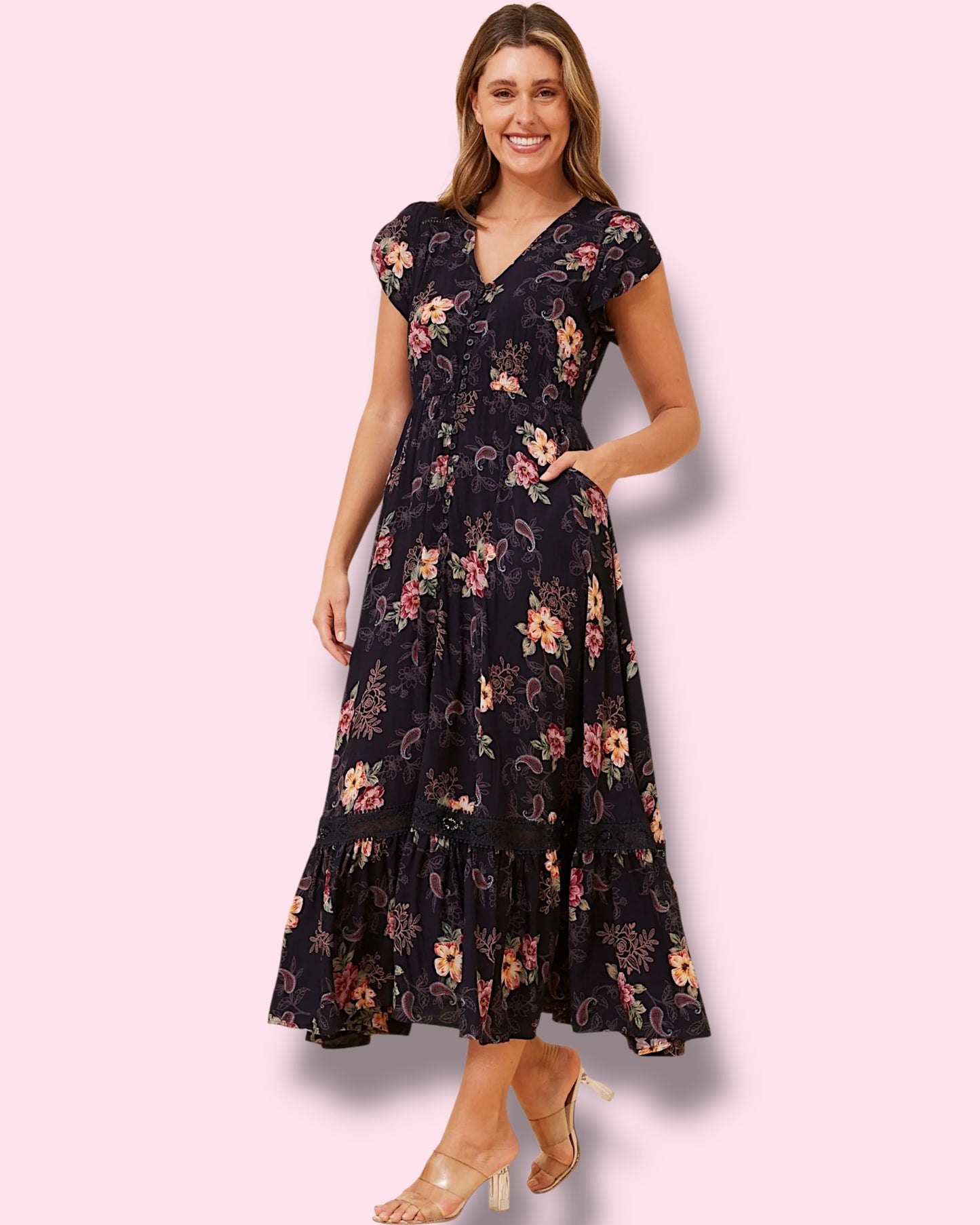 Cleo Maxi - Navy W/Flower