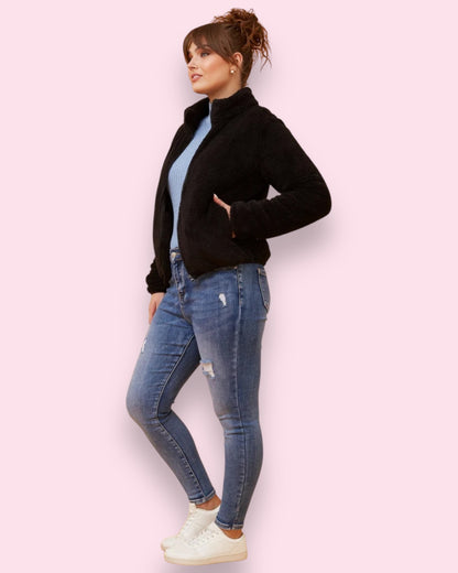 Teddy Fur Zip Jacket - Black