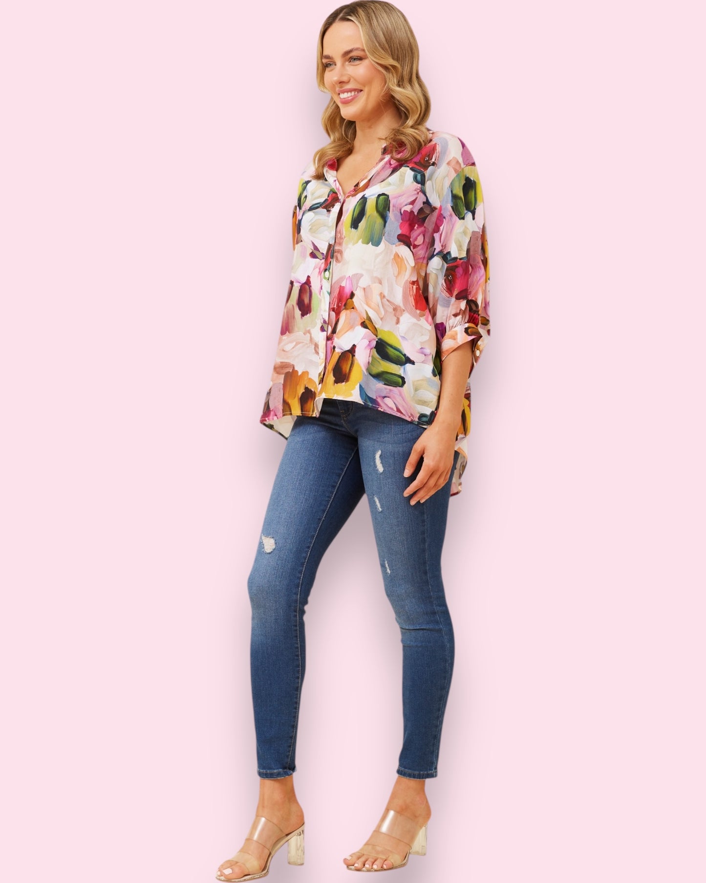 Mia Luxe Printed Shirt - Abstract Brush Strokes