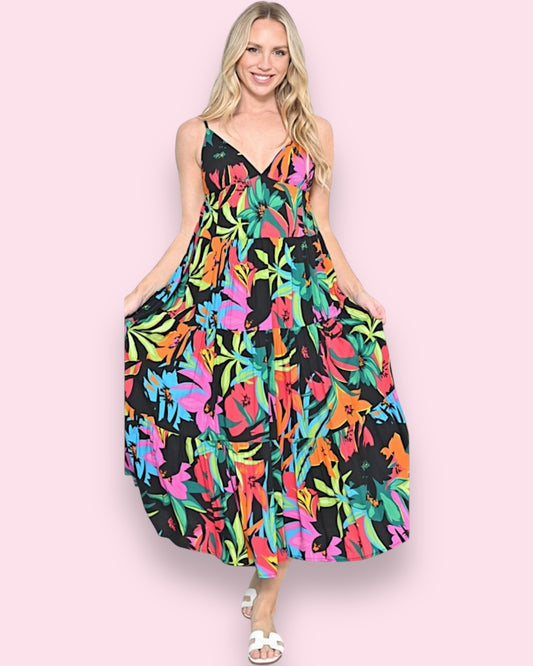 Makenna Midi Dress - Black Tropical