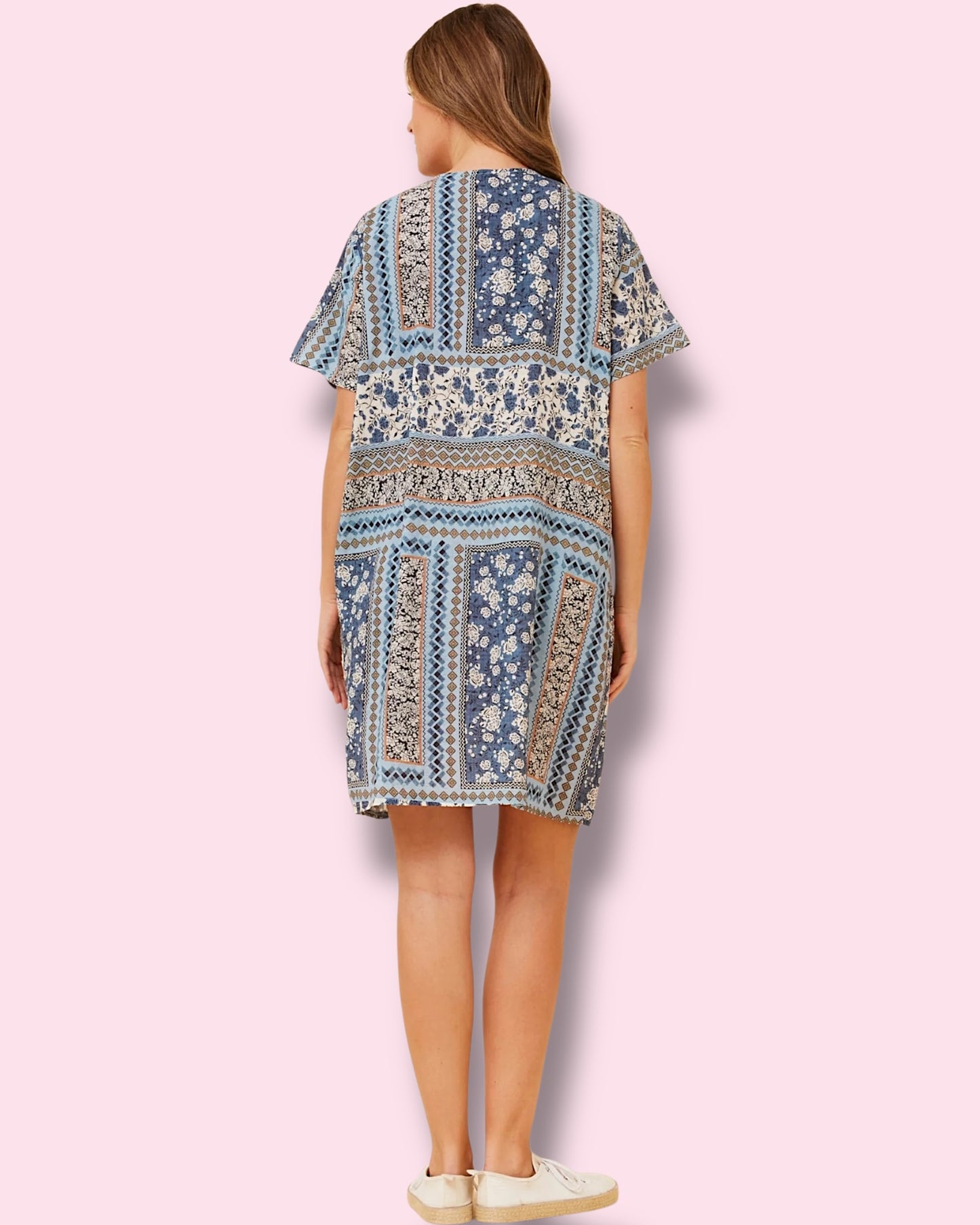 Selena Shift Dress - Blue Patchwork