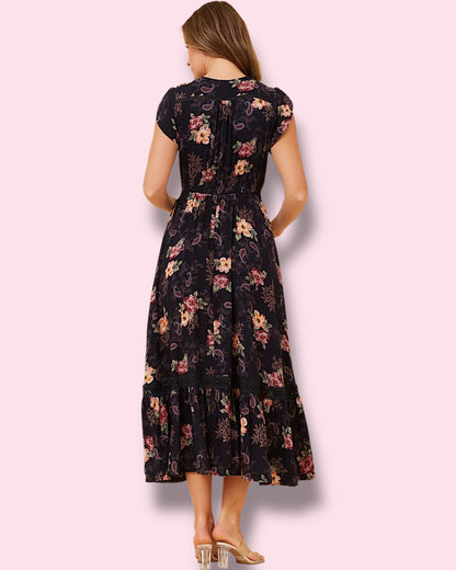 Cleo Maxi - Navy W/Flower