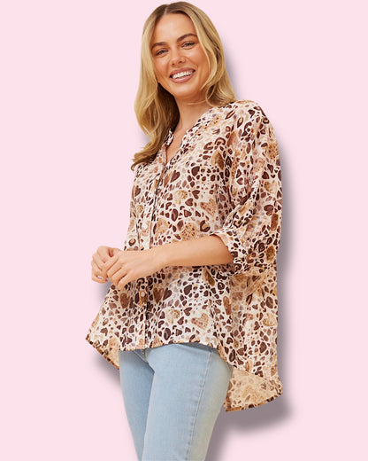Mia Printed Shirt - Beige Hearts
