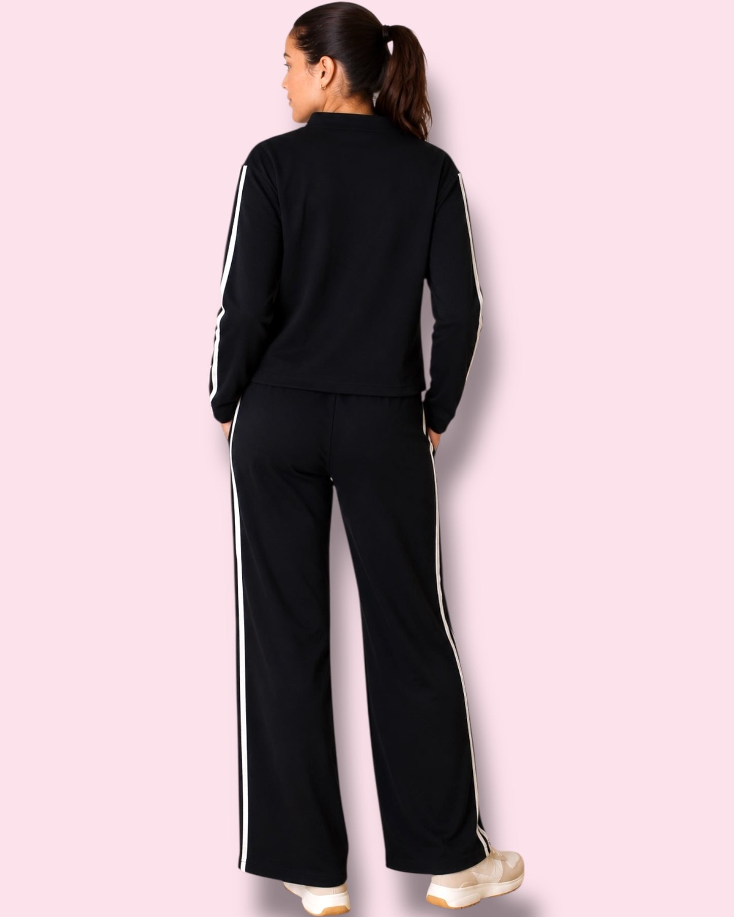 Renee Wide Leg Sweat Pants - Black/Cream