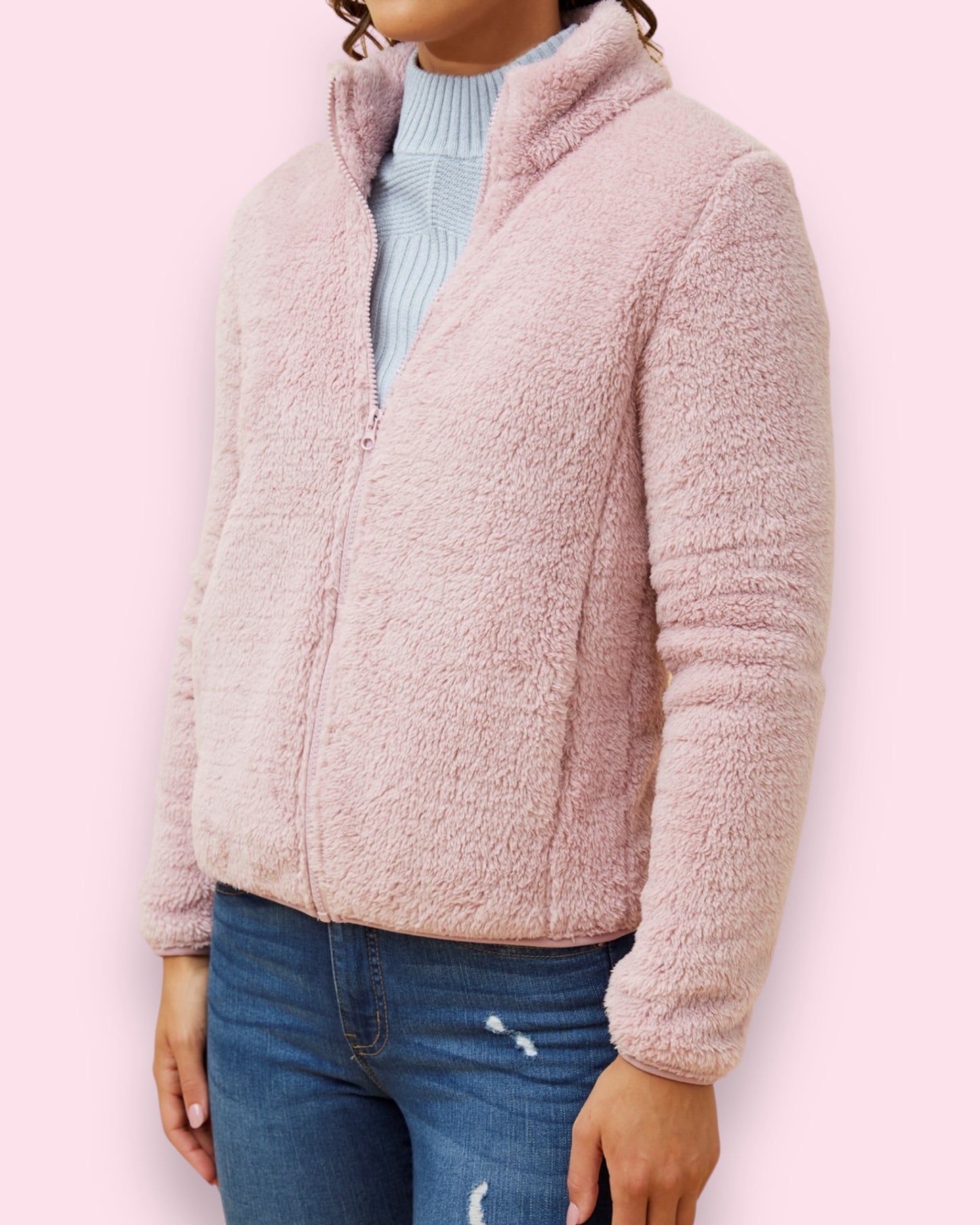 Teddy Fur Zip Jacket - Dusty Pink