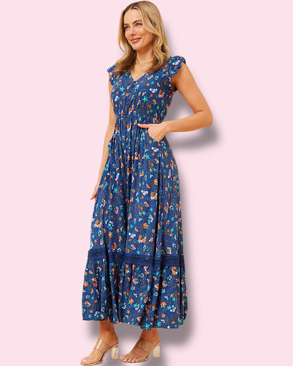 Cleo Maxi - Blue W/Flowers