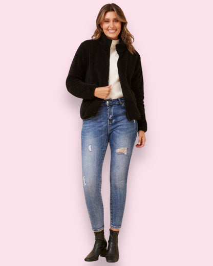 Teddy Fur Zip Jacket - Black