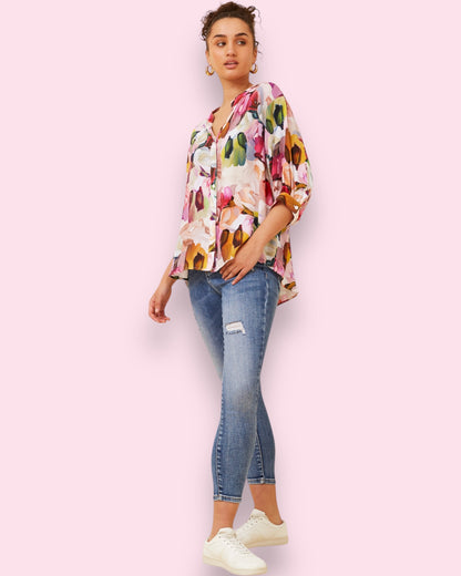Mia Luxe Printed Shirt - Abstract Brush Strokes