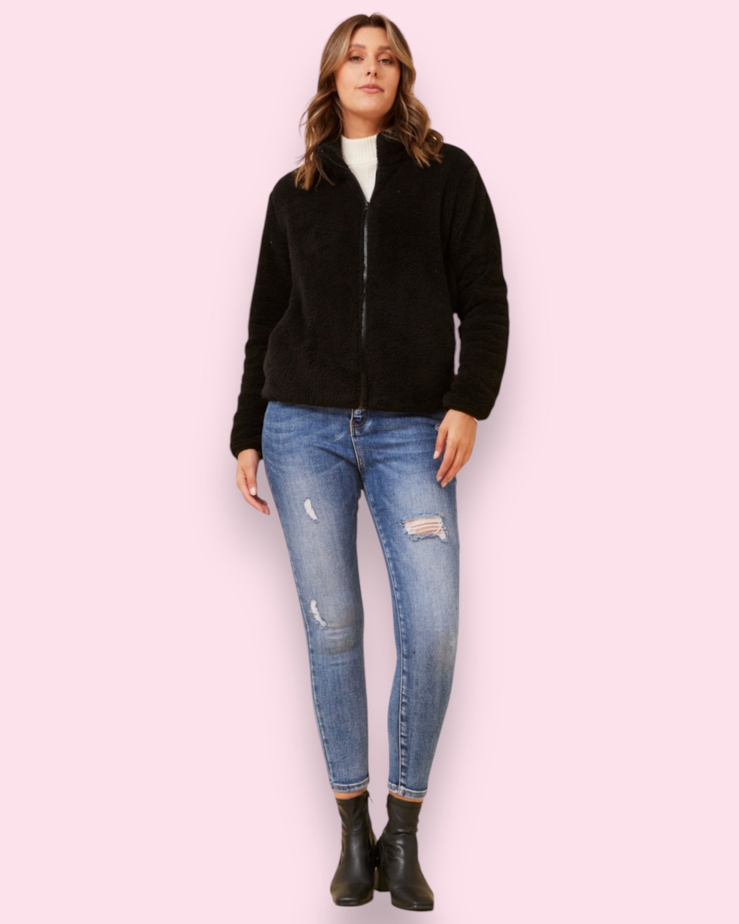 Teddy Fur Zip Jacket - Black