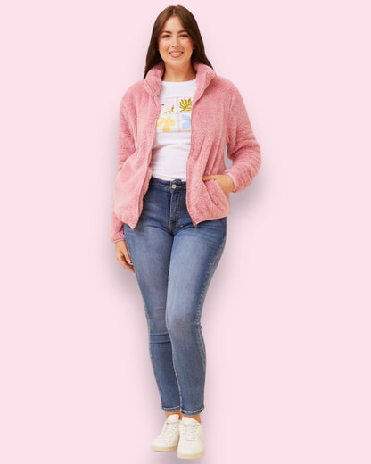 Teddy Fur Zip Jacket - Rose Pink