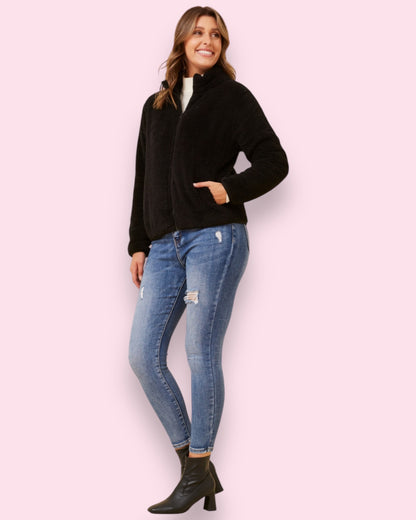 Teddy Fur Zip Jacket - Black