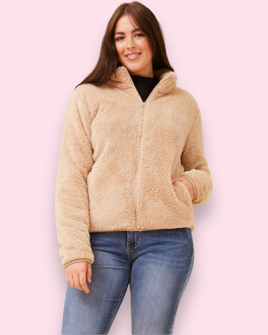 Teddy Fur Zip Jacket - Beige