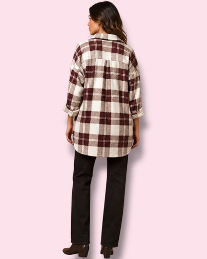 Victoria Check Shacket - Burgundy