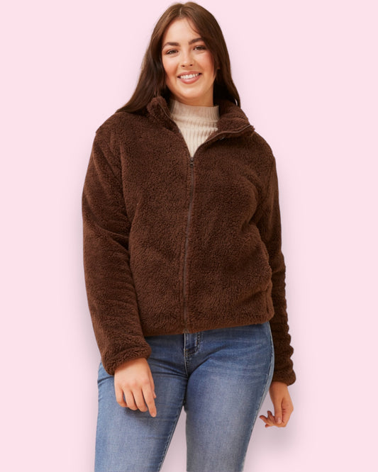 Teddy Fur Zip Jacket - Chocolate