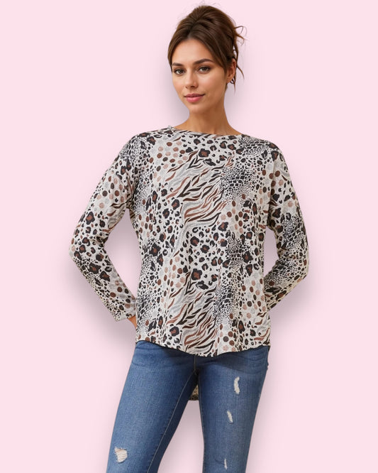 Ava Printed Top - Beige Animal Print