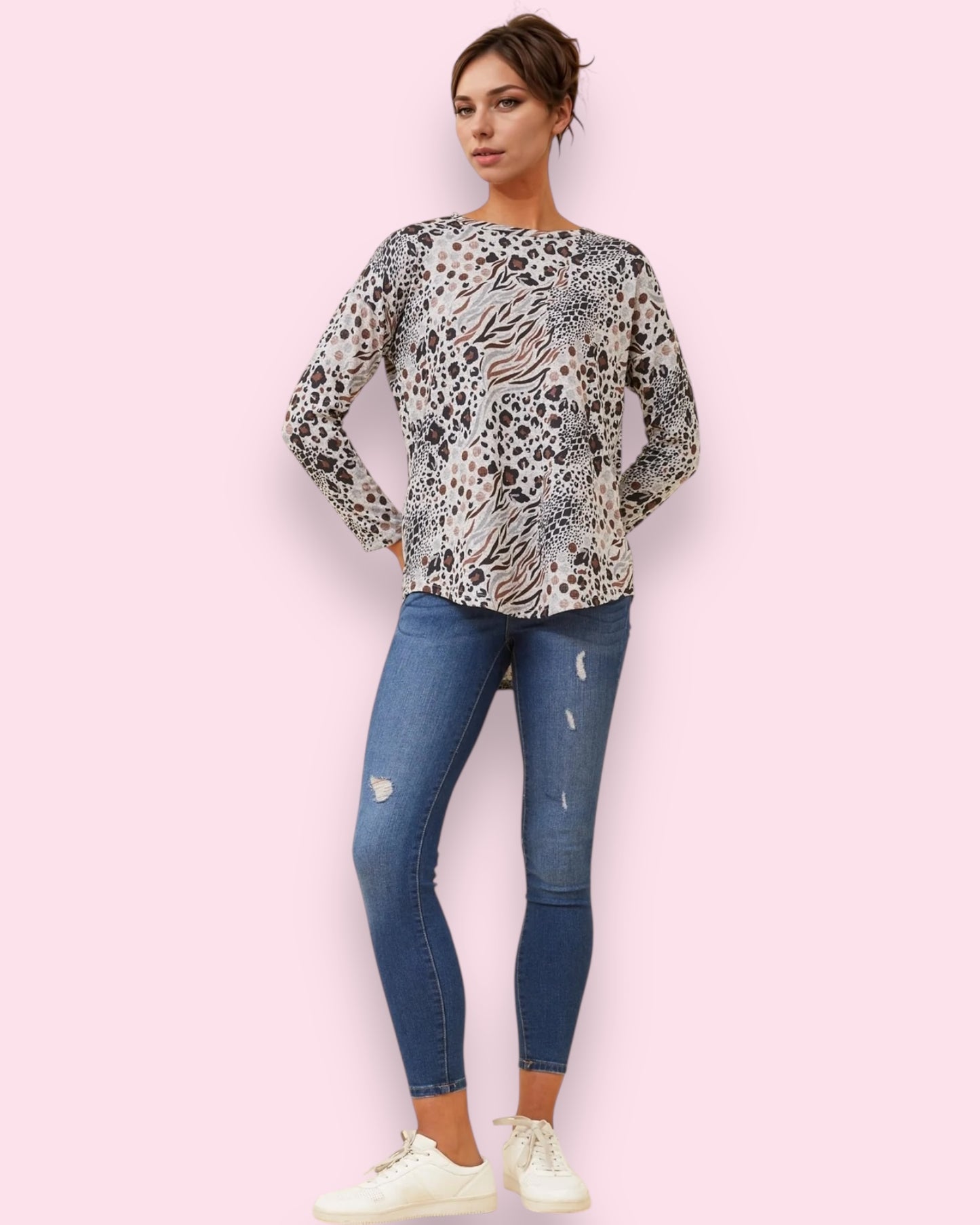 Ava Printed Top - Beige Animal Print