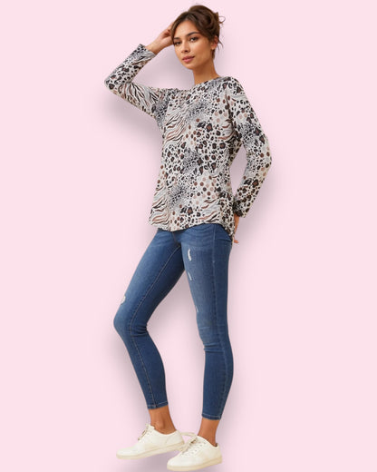 Ava Printed Top - Beige Animal Print