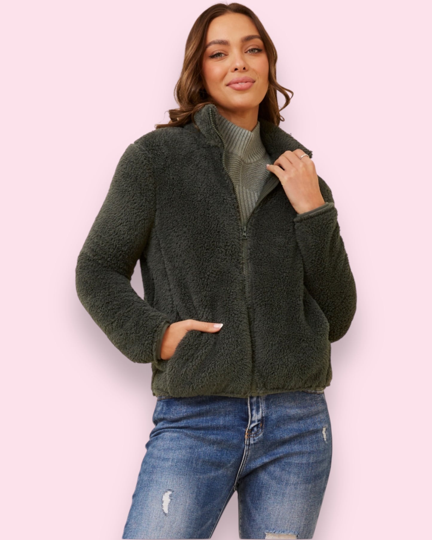 Teddy Fur Zip Jacket - Deep Forest