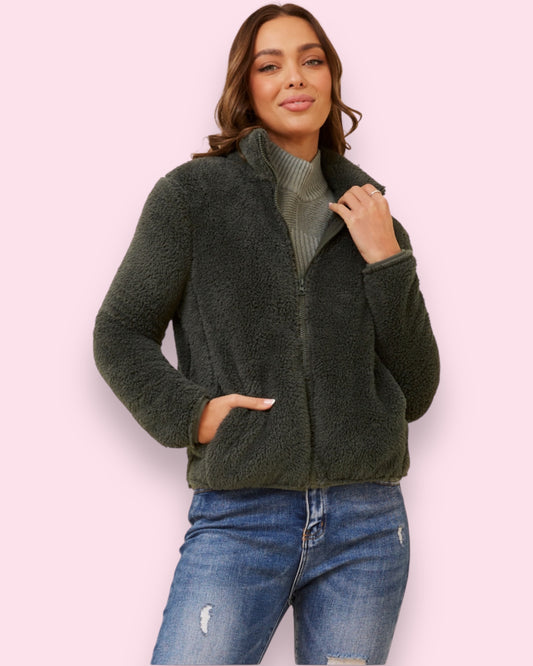 Teddy Fur Zip Jacket - Deep Forest