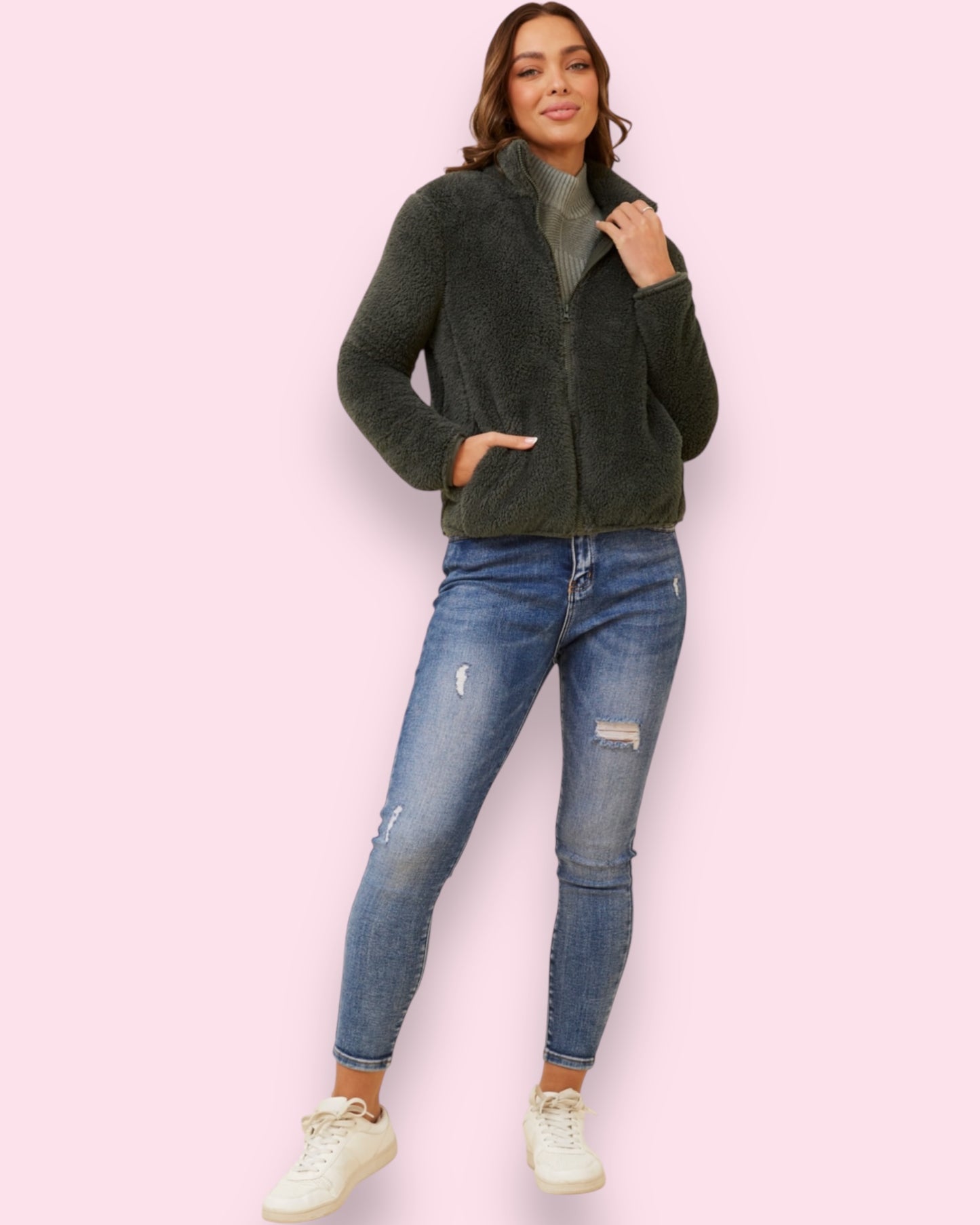 Teddy Fur Zip Jacket - Deep Forest