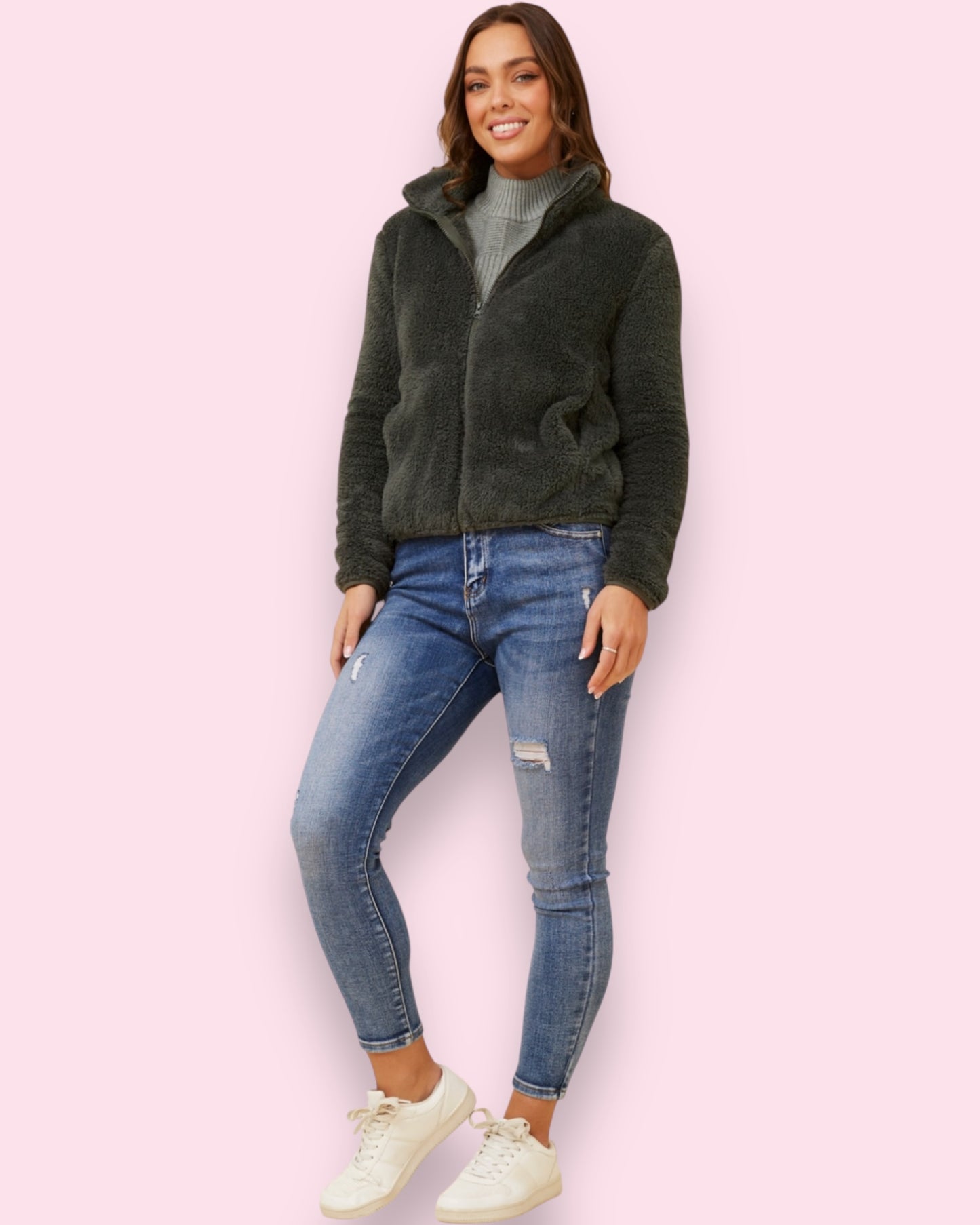 Teddy Fur Zip Jacket - Deep Forest