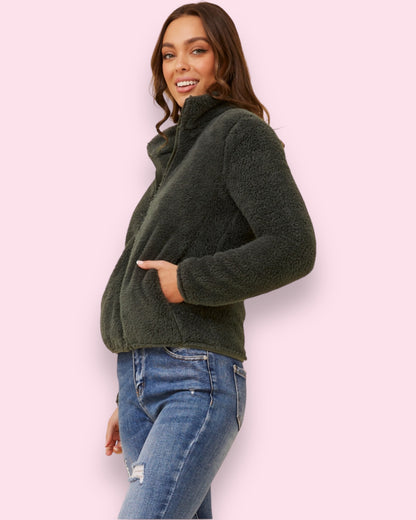 Teddy Fur Zip Jacket - Deep Forest